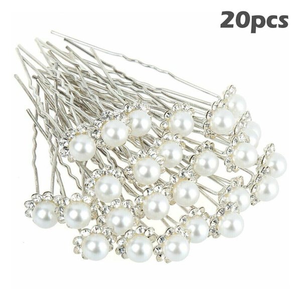 20 Pack Pearl hårnålar Bröllop Brud U-form Silver Rhinestone