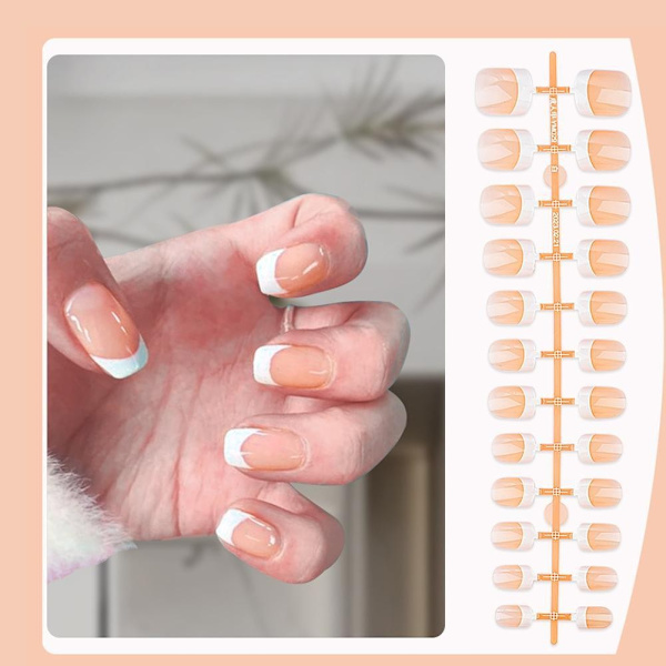Set Franskt Rosa Fyrkantigt Kort Lösnagel Pressa På Nagel Tipp Vit Kant Heltäckande Rosa P7u2 TD148 24pcs