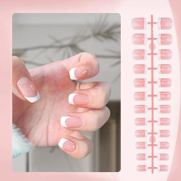 Set Franskt Rosa Fyrkantigt Kort Lösnagel Pressa På Nagel Tipp Vit Kant Heltäckande Rosa P7u2 TD148 24pcs