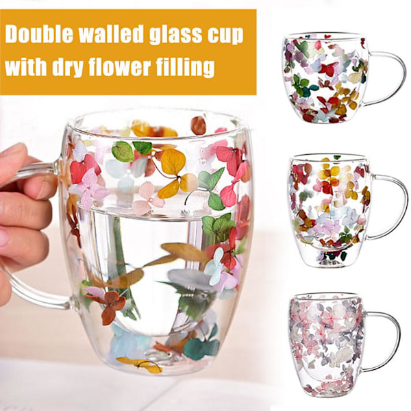 Dubbelväggig Glasmugg Torkad Blomma Fyllning Kvicksandsmugg Dricksvattenglas Muggar D 350ML