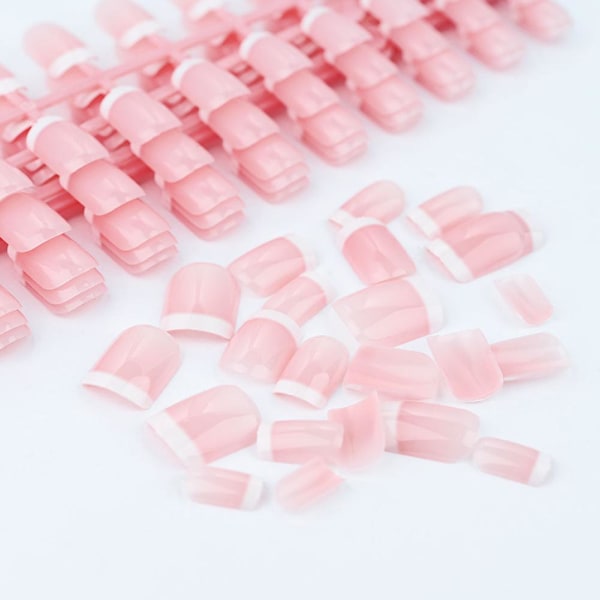 Set Franskt Rosa Fyrkantigt Kort Lösnagel Pressa På Nagel Tipp Vit Kant Heltäckande Rosa P7u2 TD148 24pcs