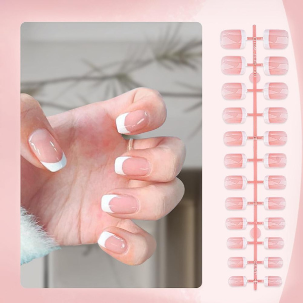 Set Franskt Rosa Fyrkantigt Kort Lösnagel Pressa På Nagel Tipp Vit Kant Heltäckande Rosa P7u2 TD148 24pcs