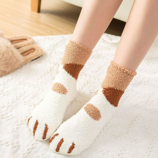 6 par Cat Paw Socks-Corals Fleece strumpor/Super Soft Plysch Slippe yellow One-size 6pcs