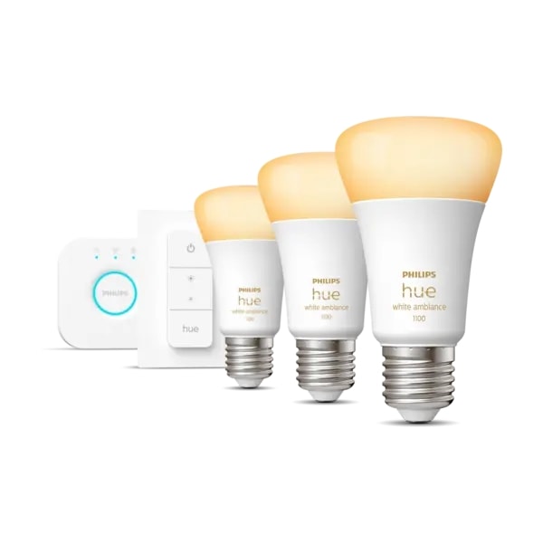 Philips Hue Startpaket - 3 x E27 Glödlampor, Bridge och Dimmer