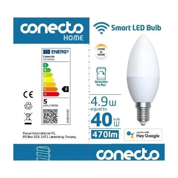 Conecto WCCT Smart Lampa C37 E14 – WiFi-styrd och Dimbar LED-lampa