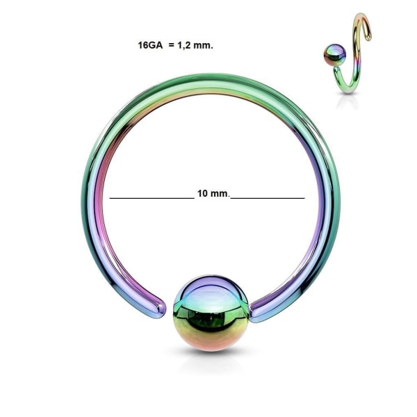 Fleksibel BCR Piercing i IP Rainbow 316L stål 16GA-10 mm Ø