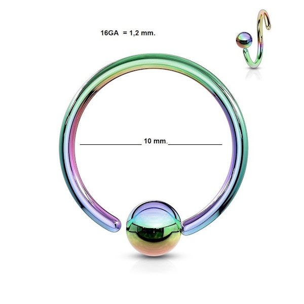 Flexibel BCR Piercing i IP Rainbow 316L stål 16GA-10 mm Ø