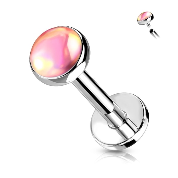 Gevind Labret piercing med 4 mm glitrende Pink sten, 8 mm lang. TitaniumGrey Titan/ Rosa  sten