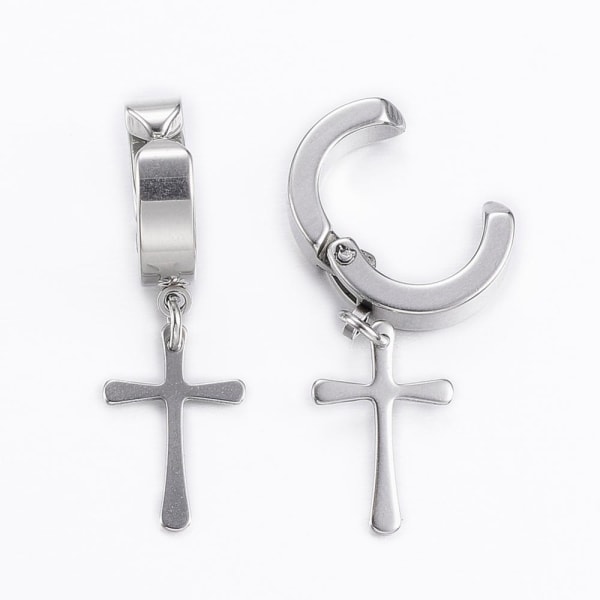 1 par clips-øreringe i AISI 304 stål men hængende kors rodium