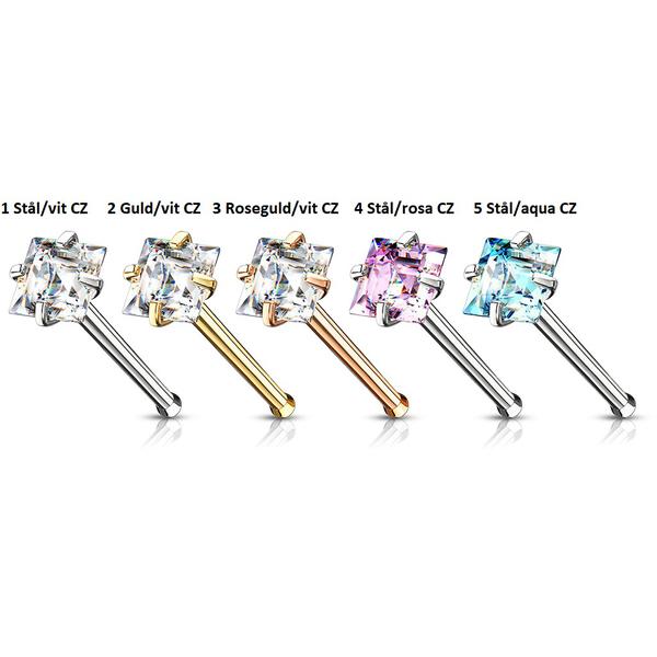 1 Näspiercing i IP Pläterad 316L stål med 2,5 mm Vit Fyrkantigt CZ 1Stål /vit CZ