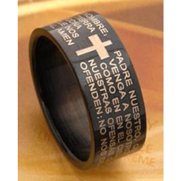 5 mm. bred sort ring i 316L stål med "Fader vår" på spansk 20 mm.