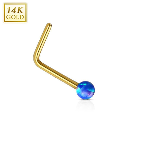 1 L-formad näspiercing i 14 karater guld med 2 mm Blå opal kula Blå