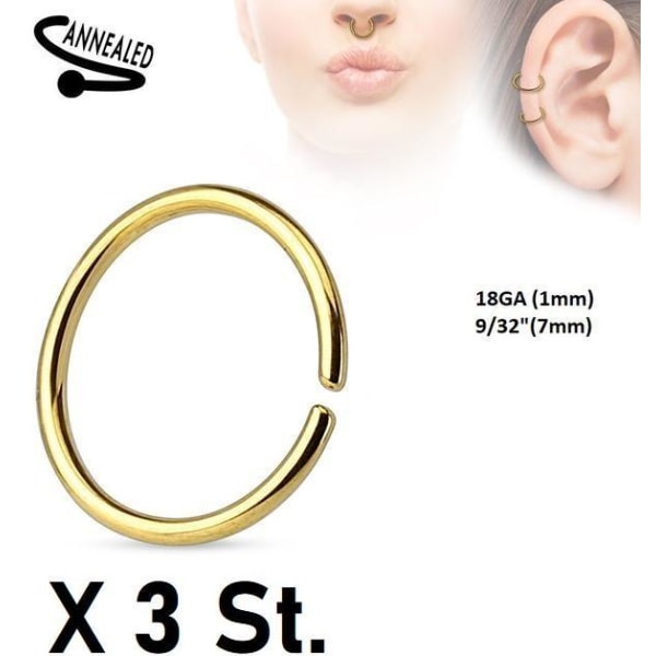 OPMÆRKSOMHED! 3 X 7mm Forgyldt Piercing ring i 316L Stål 1 mm.tyk Gold X 3