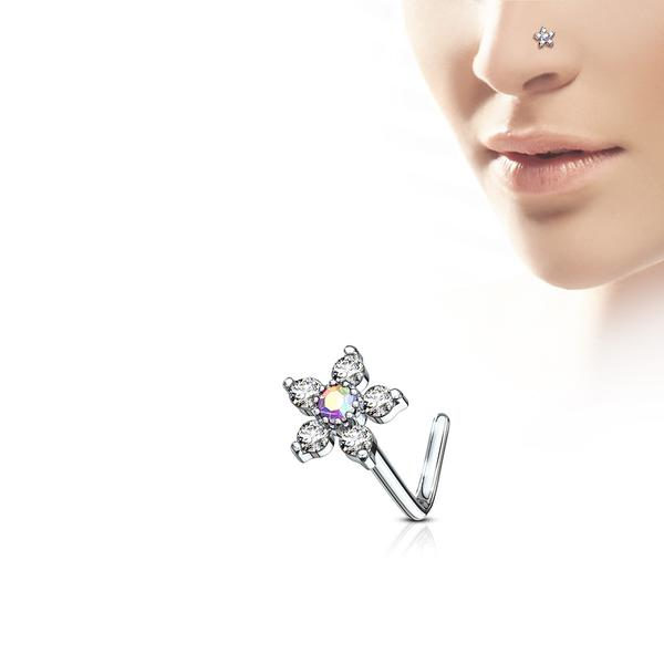 Blomsterformet L-næsepiercing i 316L kirurgisk stål med cubic zirconia 7 Röd Guld / vita