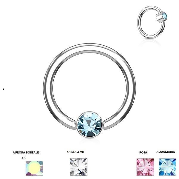 1 stk. Piercingring i herdet 316L kirurgisk stål 1,6x12 mm med CZ 4 Aquamarin