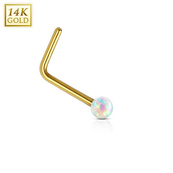 1 L-formet nesepiercing i 14 karat gull med 2 mm hvit opalkule White nr17-Vit Opal