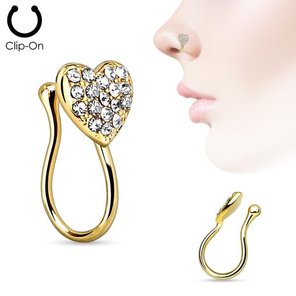 Clip On Hjerteformet næsepiercing med hvid CZ Gold