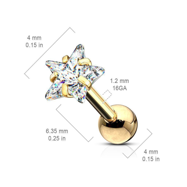 Stjerneformet Tragus/bruskpiercing i IP-316L stål 4 mm CZ 2 Guld