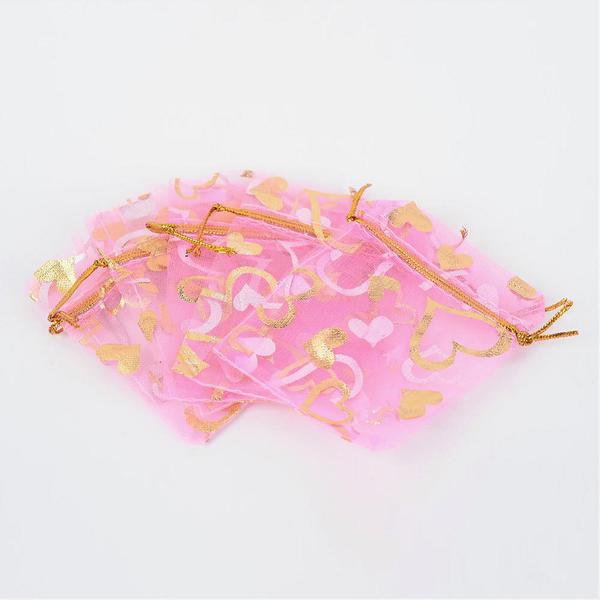 100 stk. Pink med guldhjerter Organza poser ca 7x9 cm.
