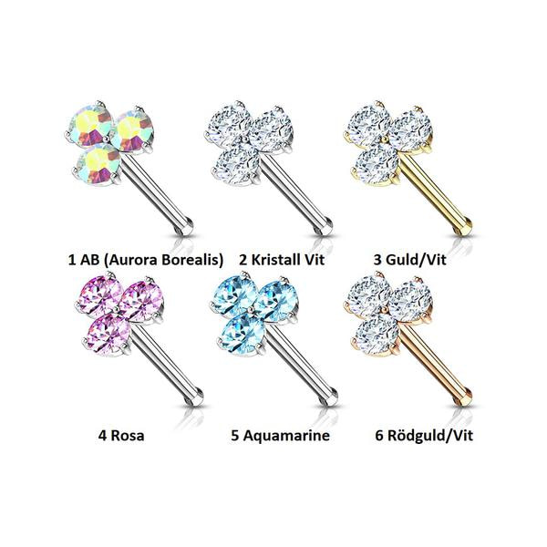 1 St. Näspiercing i 316L Kirurgiskt stål med 3 runda CZ Azure 5 Rhodium/Aquamarine