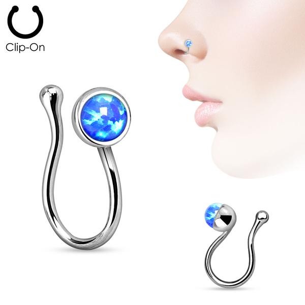 Clip On Rhodiumbelagt nesepiercing med blå opal