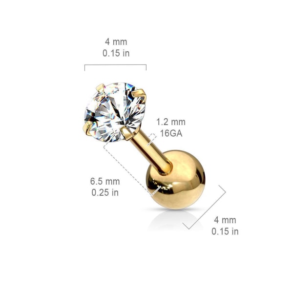 Tragus/rustolävistys 4 mm CZ:llä Rainbow IP-316L terästä