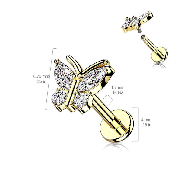 Gevind Butterfly Tragus/Labret IP-316L stål med CZ 6 mm Pink gold