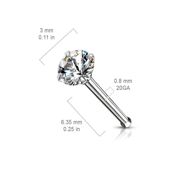 Pakke med 5 stk. Nesepiercing i 316L stål med 3 mm cubic zirconia