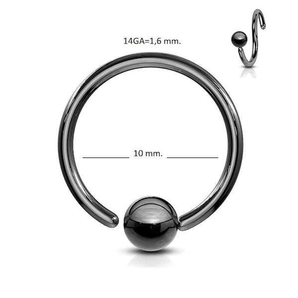 Flexibel BCR Piercing i IP Svart 316L stål 14 GA-10 mm Ø Svart