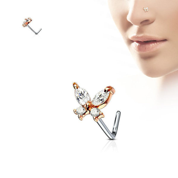 1 Fjärilformad L-näspiercing i 316 Kirurgiskt stål med CZ 3 Stål/rosa CZ