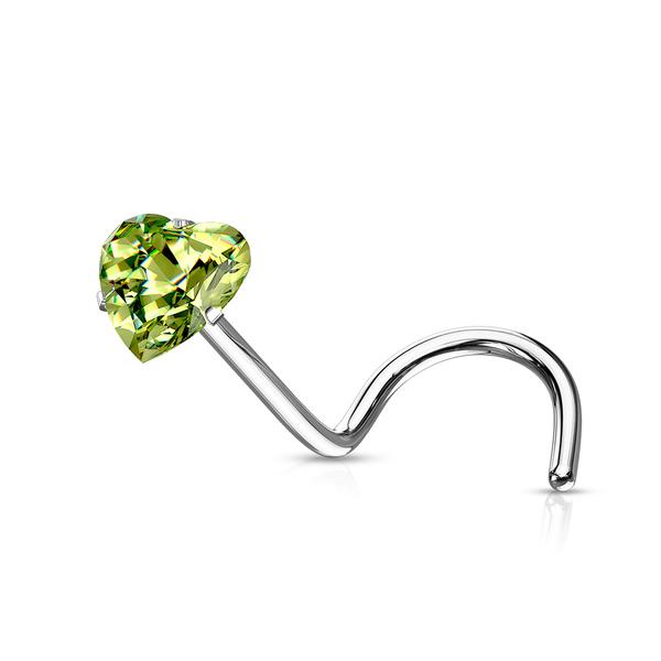 Påskrudd nesepiercing i 316L stål med 3 mm hjerteformet zirkon 3 peridot grön