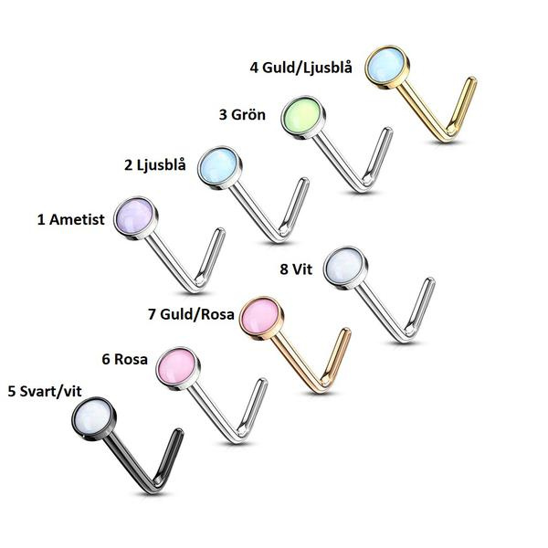 1 L-formet næsepiercing i 316 stål med "Glow in the dark" sten 3 Stål/Grön