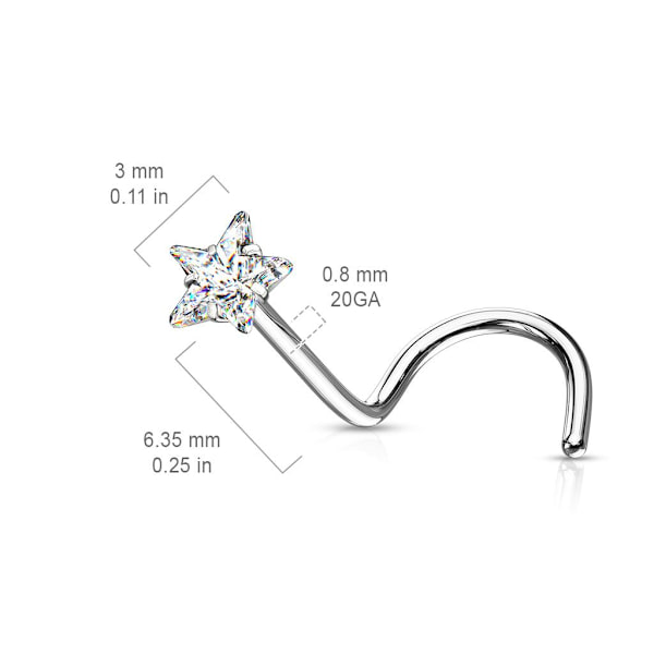 1  Skruvbar näspiercing i 316L stål med 3 mm stjärnformad zirkon Crystal