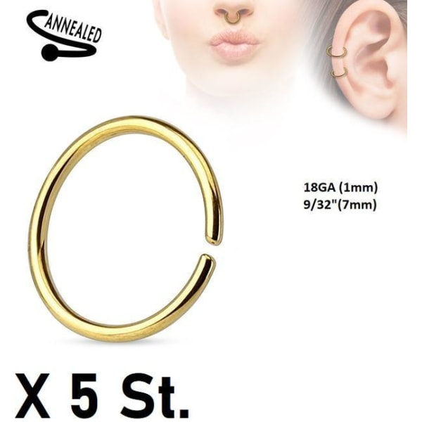 OBS! 5 X 7mm Guldpläterad Piercing ring i 316L Stål 1 mm.tjock Gold X 5