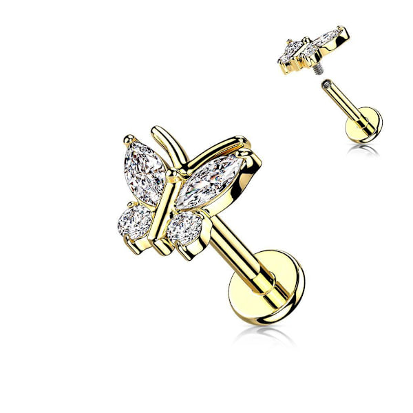 Kierretty Butterfly Tragus/Labret Gold IP-316L teräs, CZ 6 mm Gold