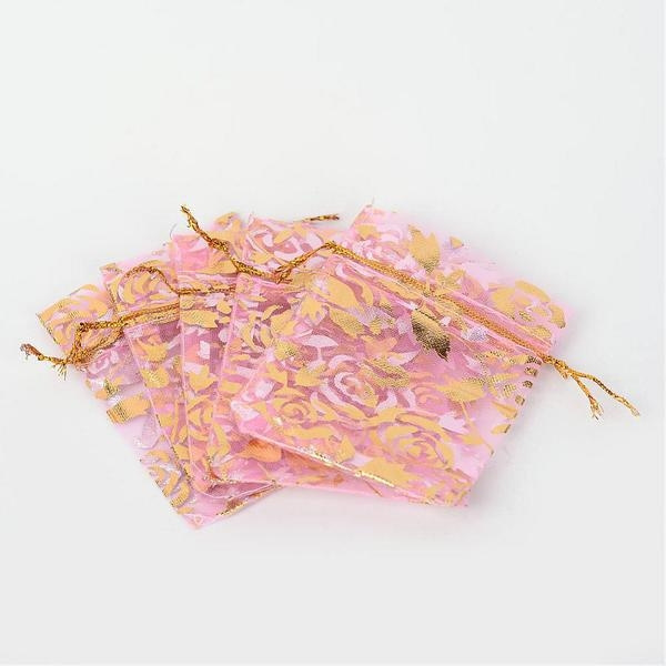 50 st. Organza påsar Rosa med guldfärgad blomtryck c:a 7X9 cm.