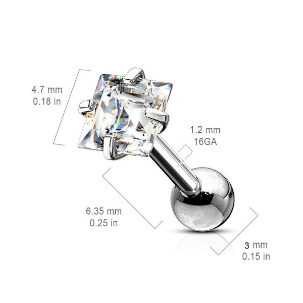 Tragus/rustolävistys IP-316L-teräksestä 4,7 mm Square CZ Gold