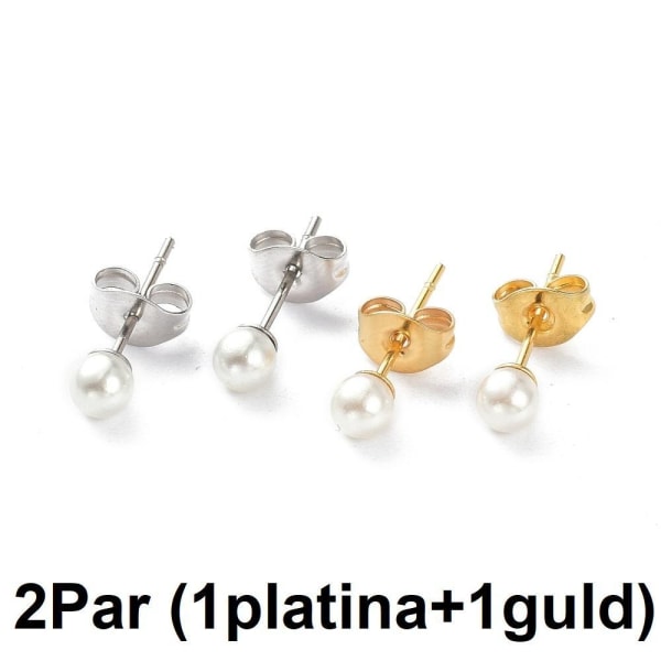2 Par (1 Guld/1Stål) Studs Örhängen  med c:a 6 mm vit pärla