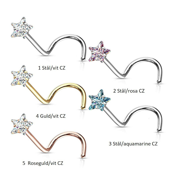 1 Skruvbar näspiercing i 316L stål med 3 mm stjärnformad  CZ 1 Stål/vit CZ