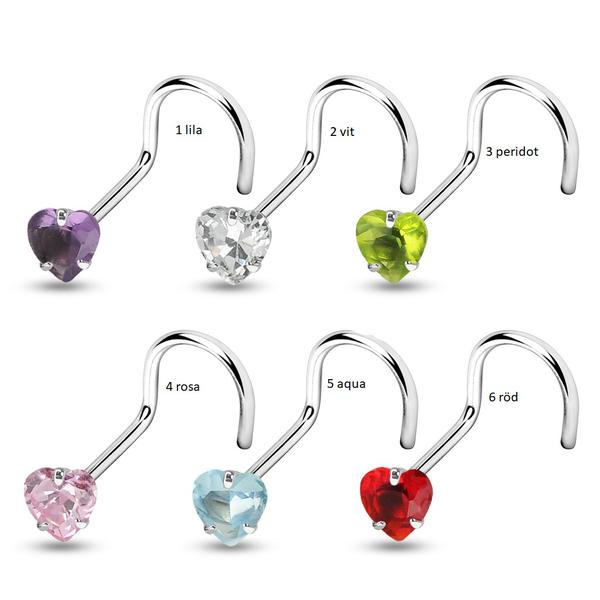Påskrudd nesepiercing i 316L stål med 3 mm hjerteformet zirkon 4 rosa
