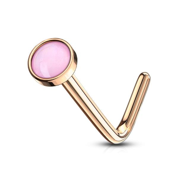 1 L-formet nesepiercing i 316 stål med "Glow in the dark" stein 7 Roseguld/Rosa
