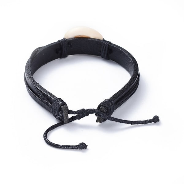 Justerbar  Svart Läder Armband med Kaurisnäcka