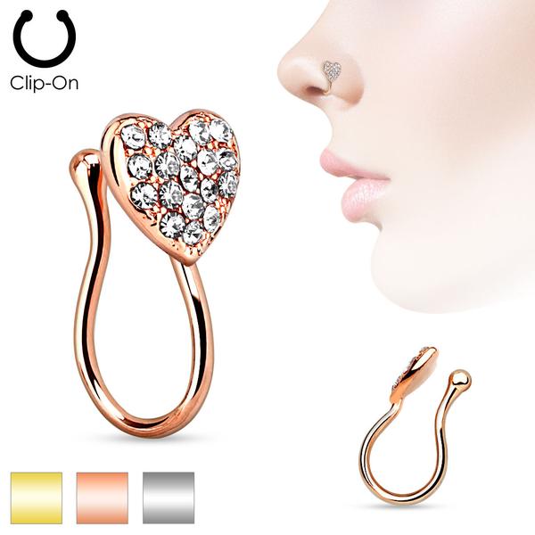 Clip On Sydämenmuotoinen nenälävistys valkoisella CZ:llä Platinum steel