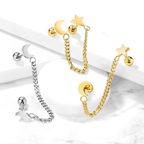 Barbell Linked kæde med Star and Moon i 316 kirurgisk stål 2 Guld