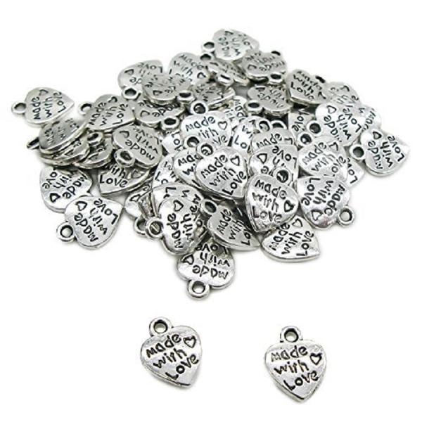 25 stk Nikkelfri hjerteformede charms "Made with love"