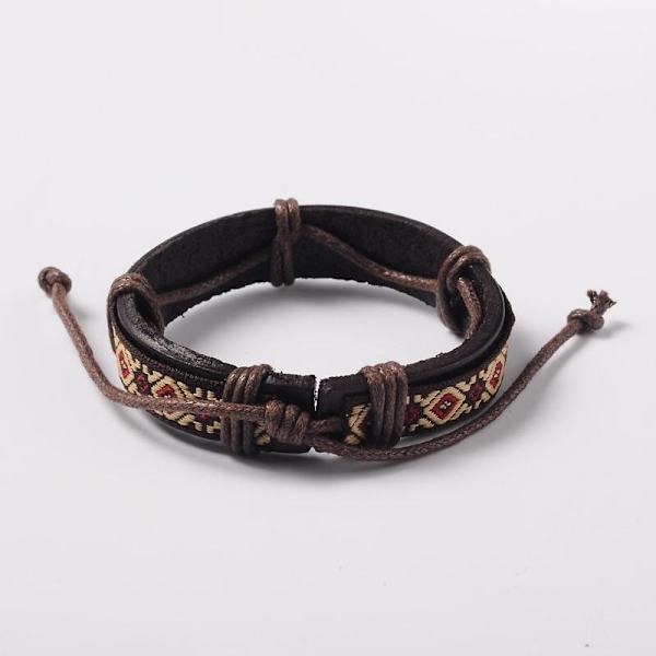 Handgjord Justerbar brun läderarmband med broderad band