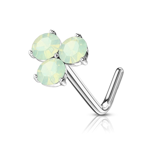 1 St. L-formad Näspiercing i 316L Kirurgiskt stål med 3 Stenar 5 Platina/ Grön Opal