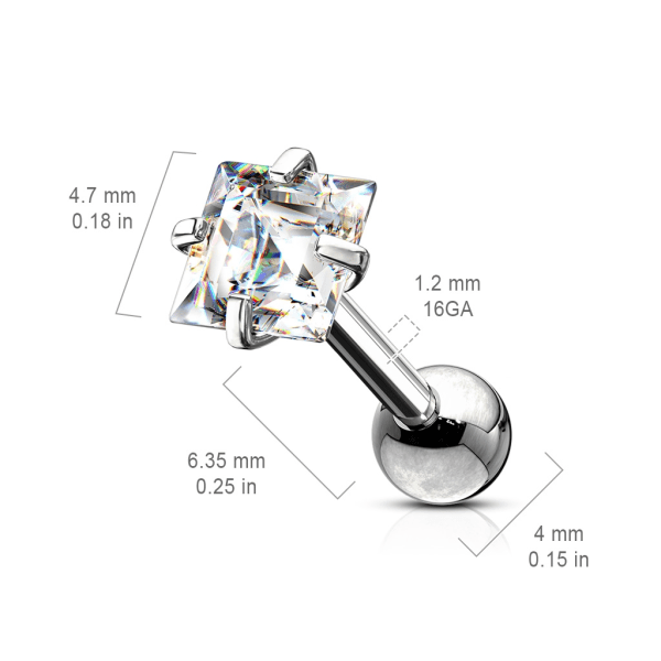 Tragus/bruskpiercing i IP-316L stål 4,7mm Square CZ