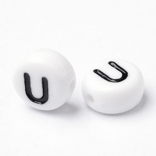 100 kpl Valkoisia akryylikirjahelmiä "U" mustalla tekstillä