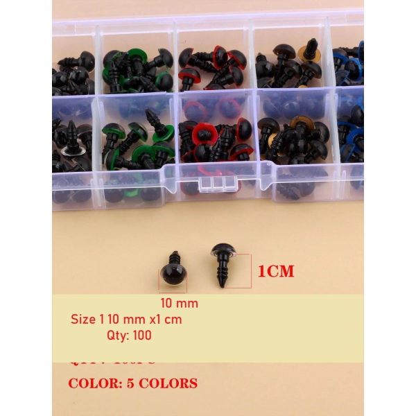 100 stk 5 forskjellige farger 10 mm "Amigurumi" øyne i plastboks